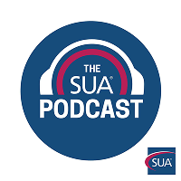 The SJA Podcast logo featuring a blue circular design with headphones