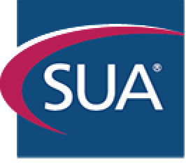 SUA logo with red swoosh and white lettering on a blue background